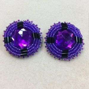 Handmade Purple & Black Beaded Earrings - Studded